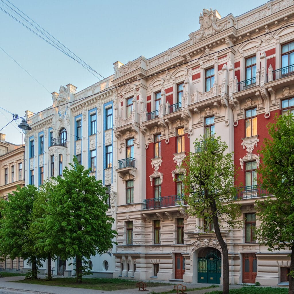 The iconic blue and white Art Nouveau facade of Alberta 8 in Riga, designed by Mikhail Eisenstein
