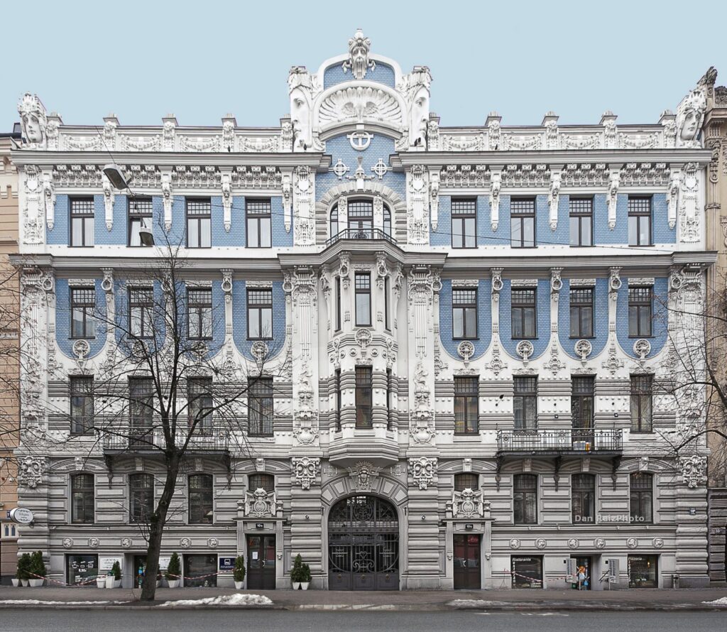 The famous blue Art Nouveau facade of Elizabetes 10b in Riga, designed by Mikhail Eisenstein