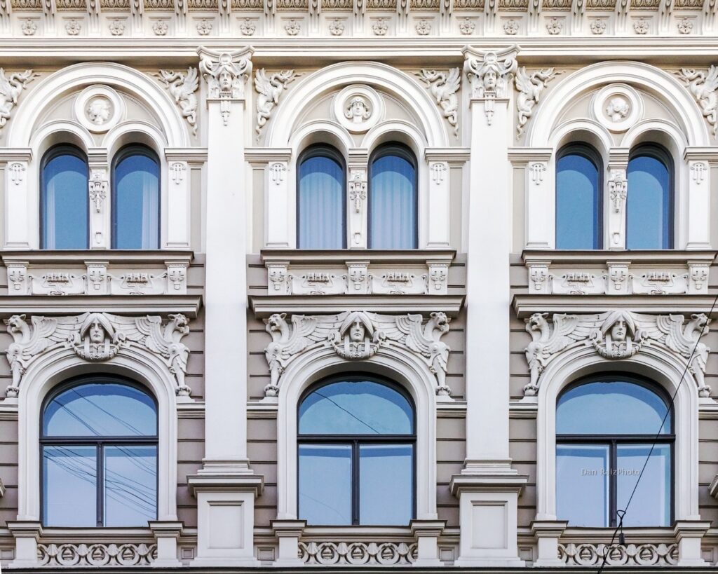 Mikhail Eisenstein's Art Nouveau architecture at Elizabetes iela 33 facade details.