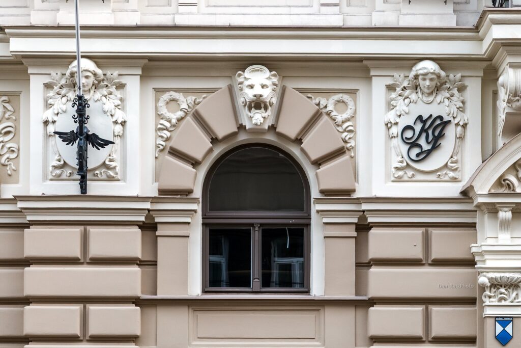 Close-up of decorative mascarons and mythological figures in Riga's Quiet Centre