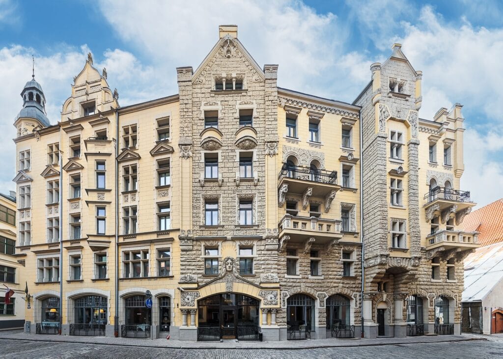 Eclectic facade of the Neiburg building at Jauniela 25/27 Riga.
