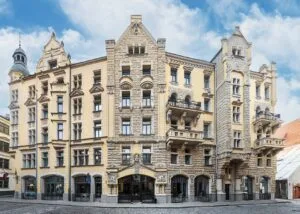 Eclectic facade of the Neiburg building at Jauniela 25/27 Riga.