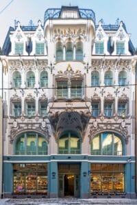 Art Nouveau building facade at Šķūņu 12/14 in Riga Old Town