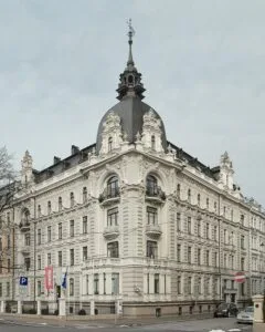 Vīlandes street 1, Riga. Eclecticism Art Nouveau facade